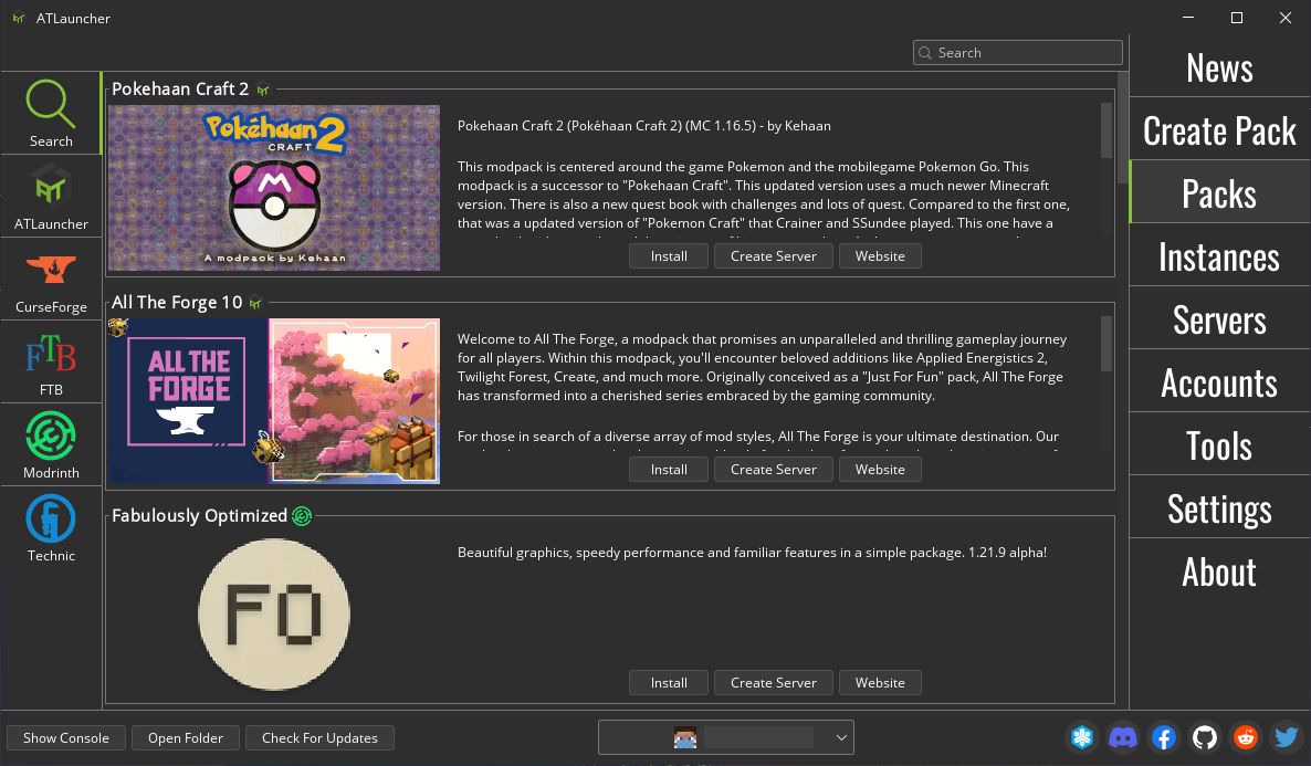 ATLauncher Packs menu